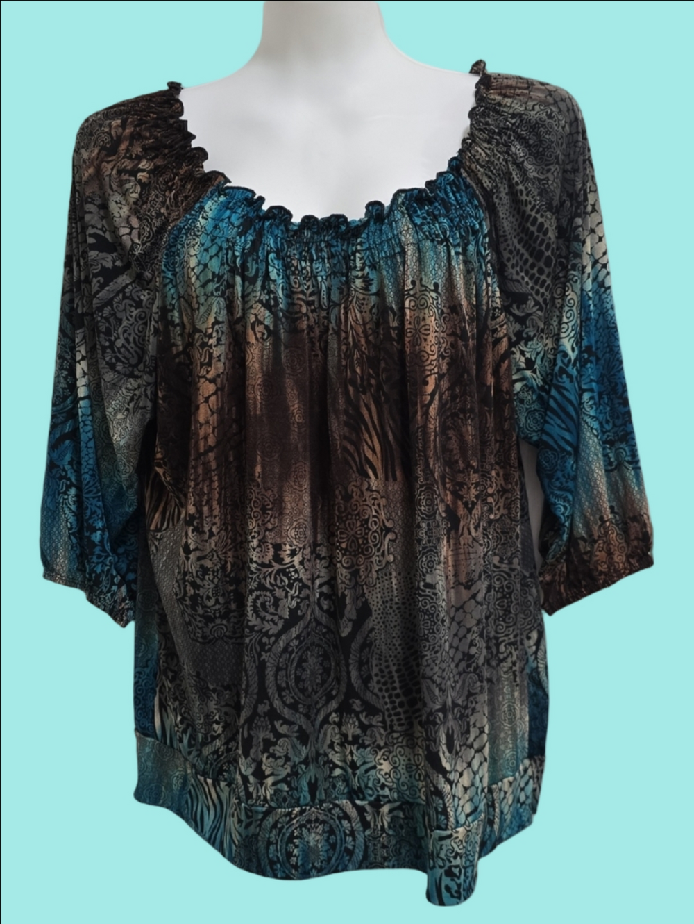 Claudia Richard Teal and Brown Patterned Smocked Neck Blouse